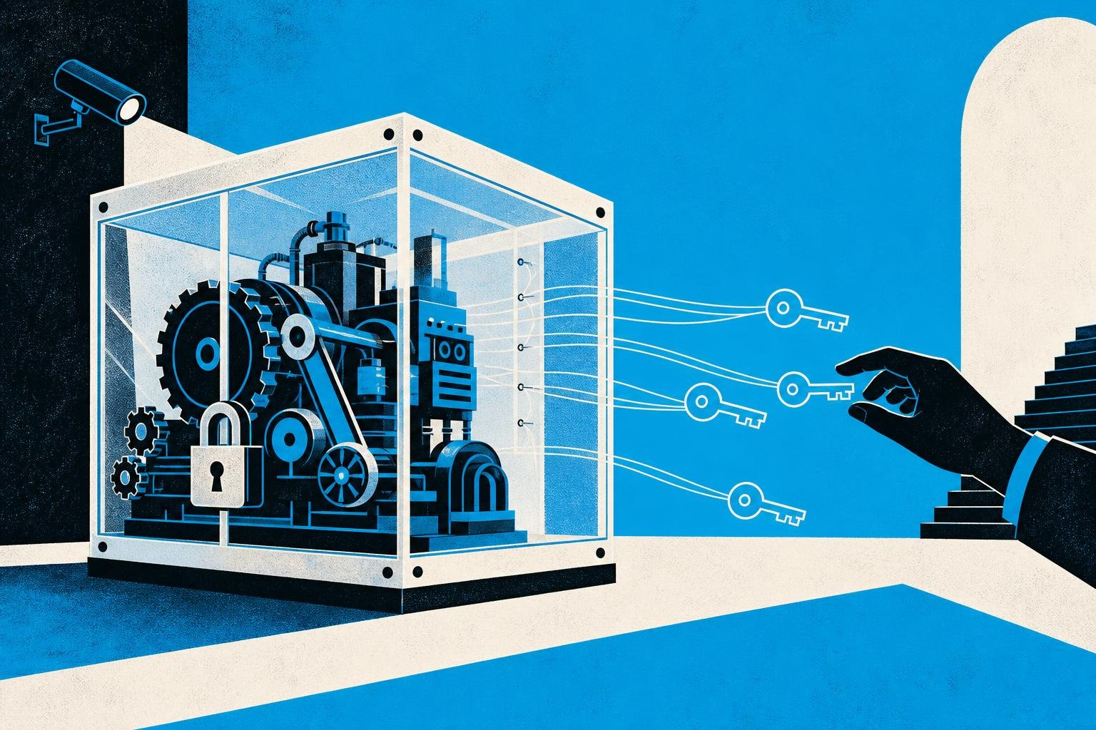 A locked glass box contains running machinery, yet invisible threads slip through its walls carrying glowing authentication keys back to the outer chamber.