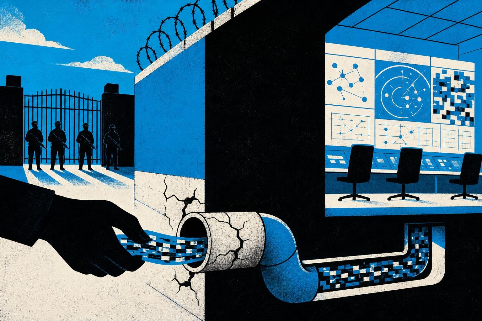 A shadowy hand slips corrupted code through a cracked pipe into a glowing control room, bypassing all guards at the gate.