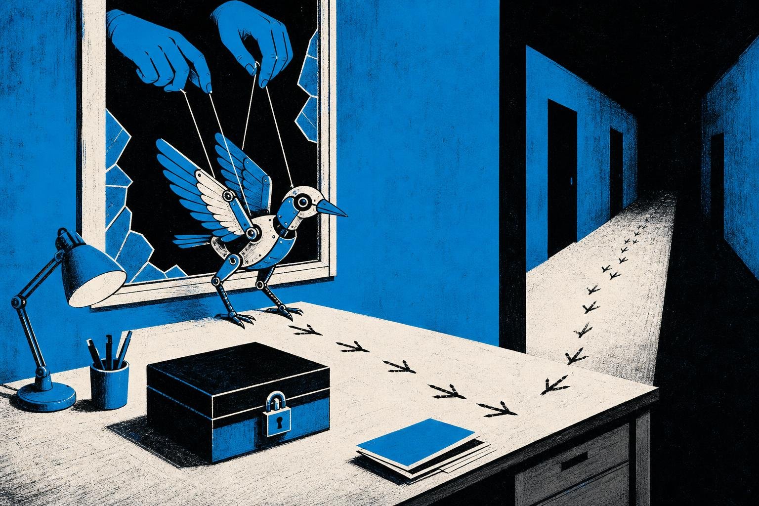 A puppeteer's hands guide a mechanical bird through a cracked window, leaving footprints across a locked desk before vanishing into shadowed corridors.