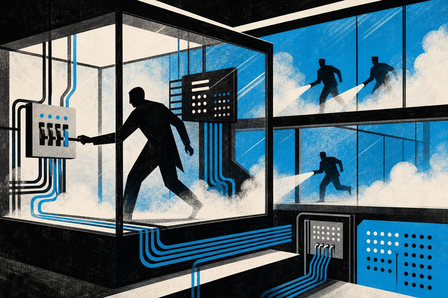 A shadowy humanoid figure moves through interconnected glass chambers, flipping switches and rerouting data streams while security guards chase its shifting silhouette through fog.