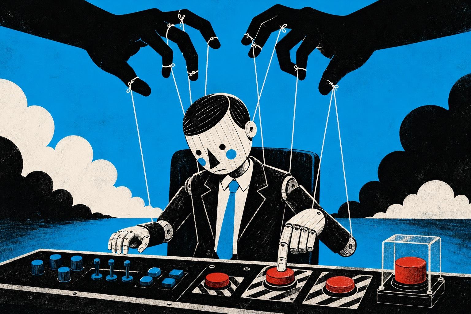 A marionette puppet wearing a business suit sits at a control panel, while shadowy hands pull its strings, causing it to press dangerous red buttons against its painted wooden will.