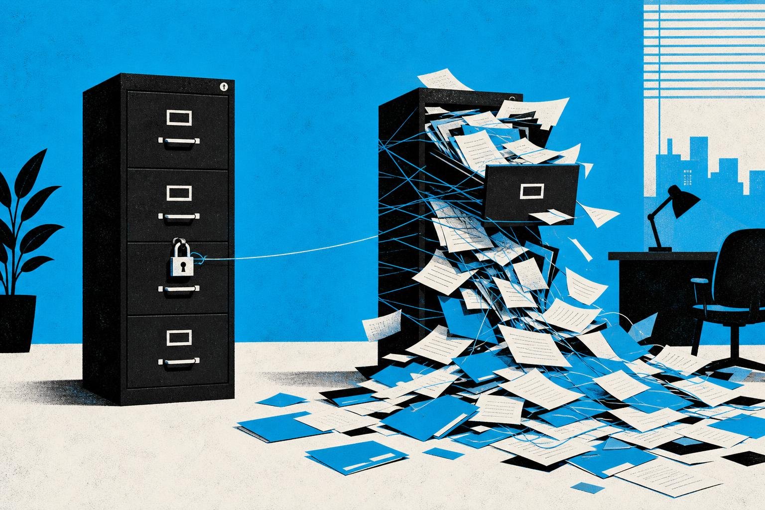 A single thread pulled from one locked filing cabinet unravels an entire neighboring cabinet's documents, spilling secrets across the shared office floor.