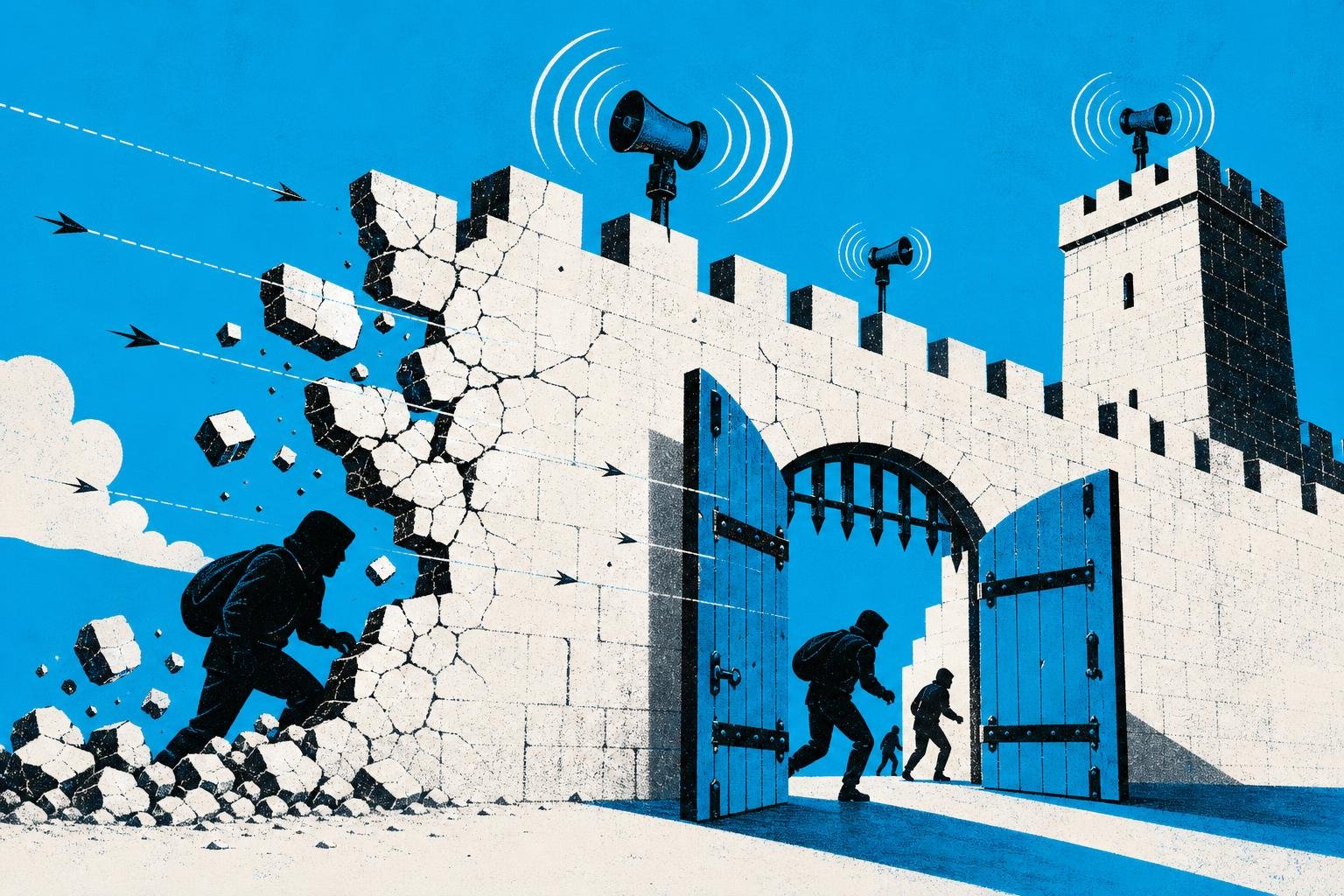 A fortress wall crumbles as invisible arrows pierce through cracks, while locked doors swing open and alarms blare uselessly as intruders slip past.