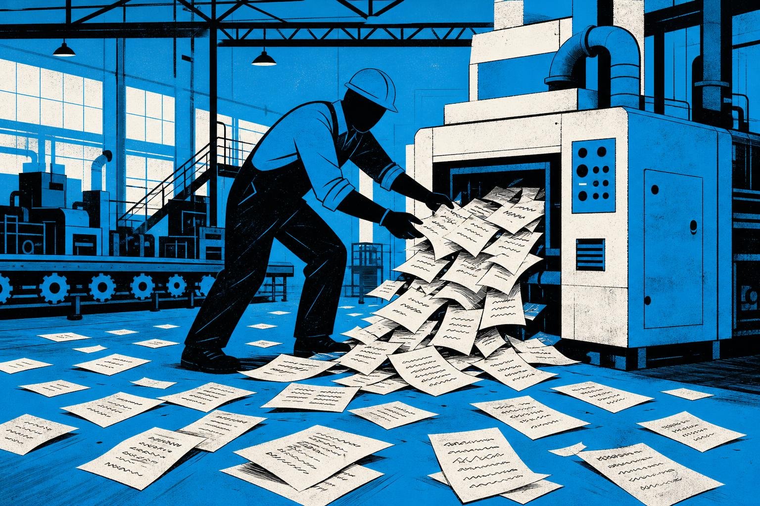 A factory worker pulls debug papers from a malfunctioning machine, revealing handwritten passwords and keys scattered across the floor in plain sight.