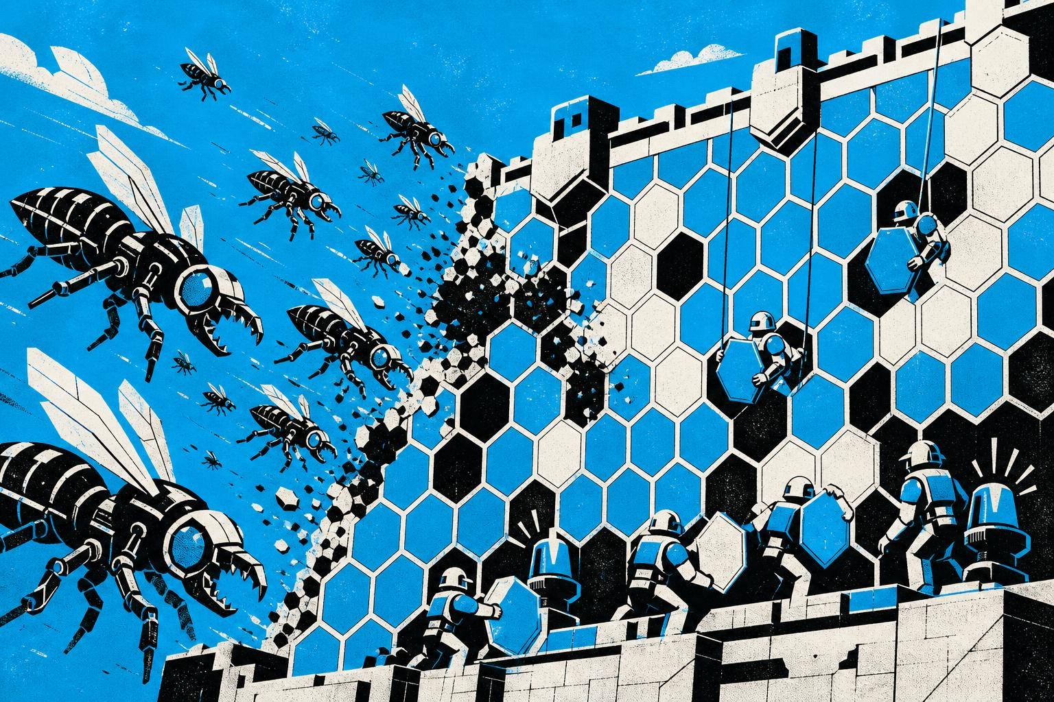 A swarm of metallic insects gnaws through a honeycomb fortress, while alarms blare and guards rush to seal widening gaps in the walls.