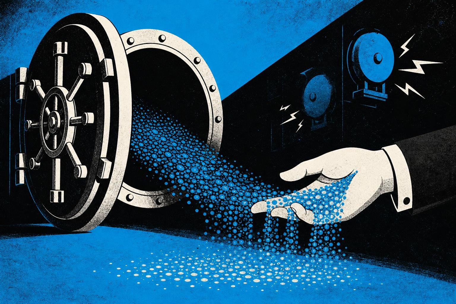 A vault door swings open as invisible tokens pour out like sand through a merchant's fingers, while alarm bells clang uselessly in the darkness behind.