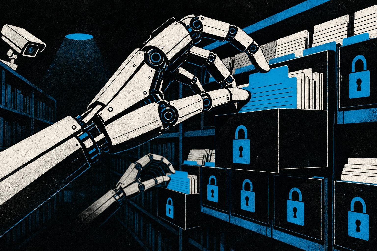 Mechanical fingers move across library shelves in darkness, rearranging cards in locked sections while alarms fail to sound.