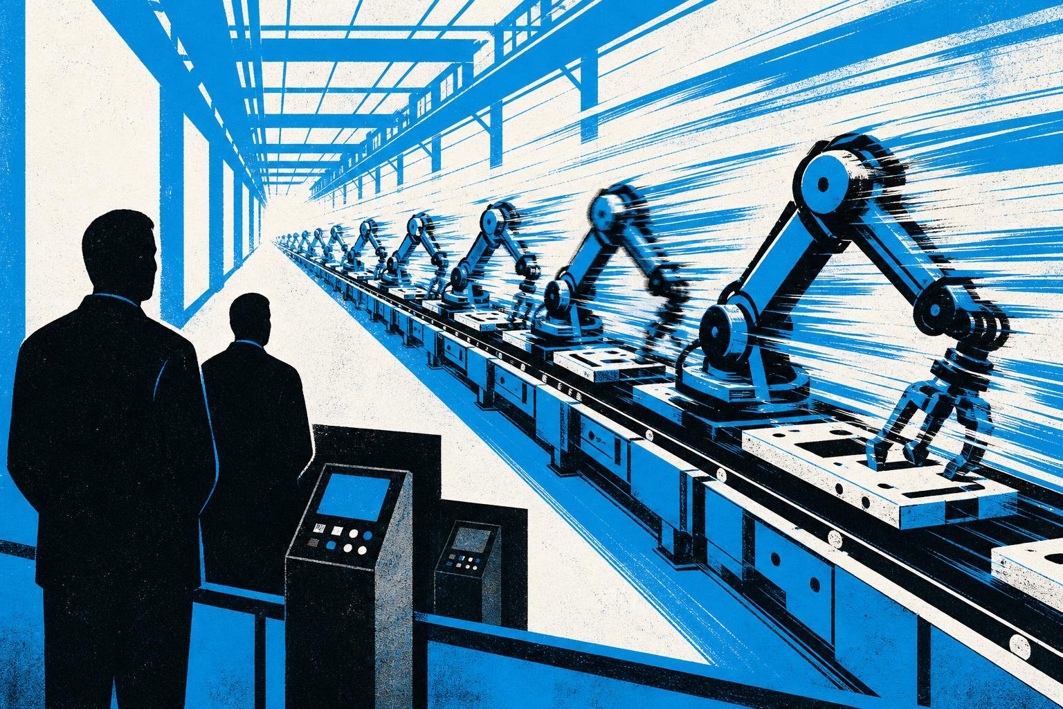 A factory floor where robotic arms move at accelerating speed while supervisors watch helplessly from behind, their control panels growing smaller and dimmer in the distance.