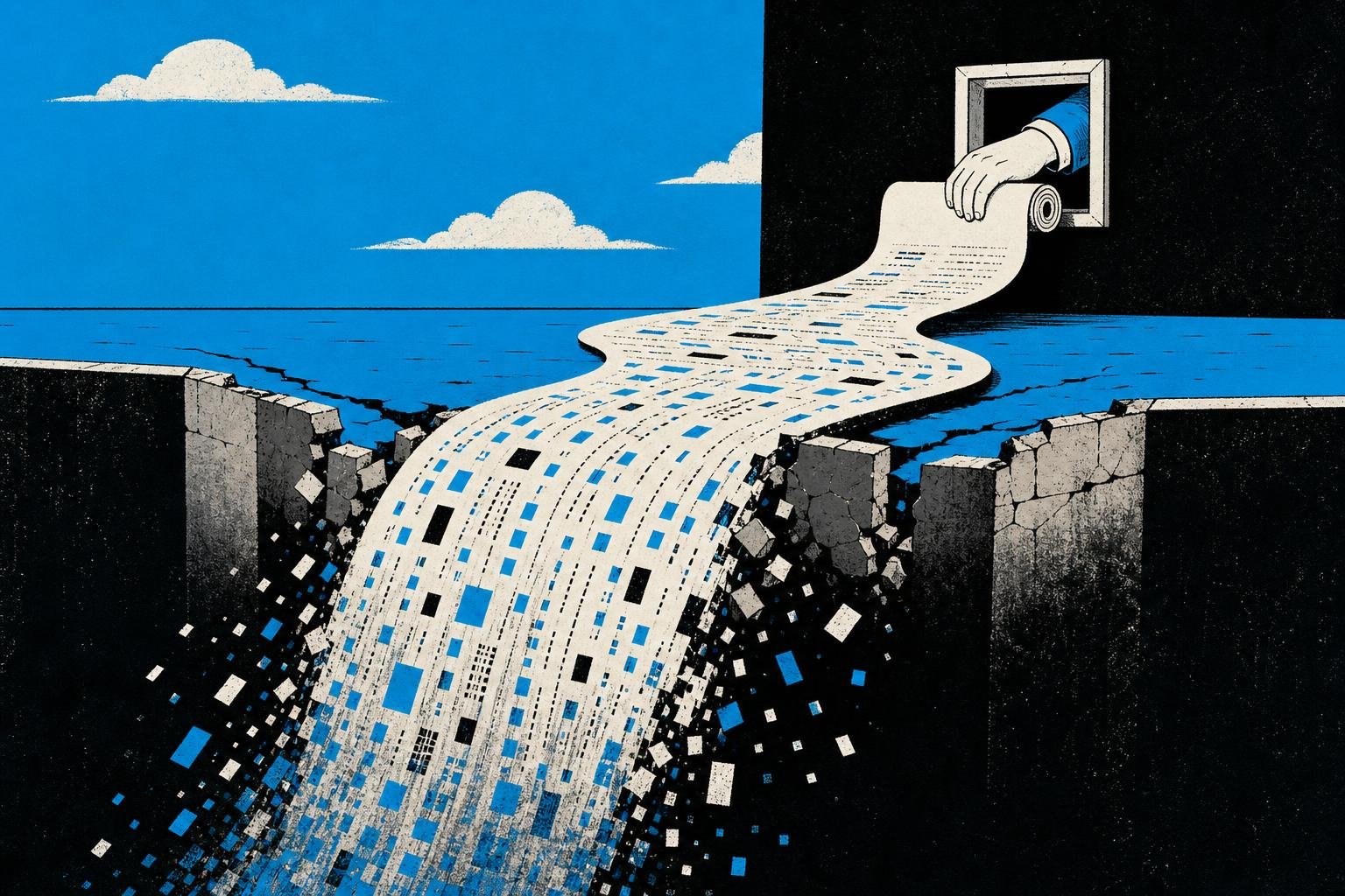 A hand pushing an impossibly long scroll through a tiny window frame, spilling memory like water cascading past broken dam walls into darkness below.
