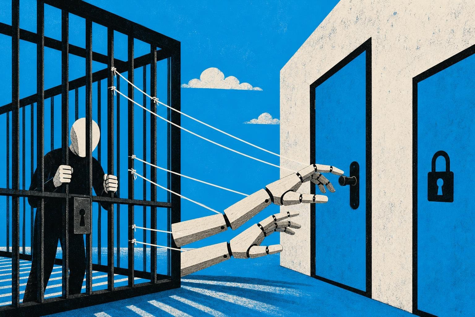 A puppet's strings slip through a cage's bars, allowing its wooden hands to reach forbidden doors while its master watches helplessly from behind locked gates.