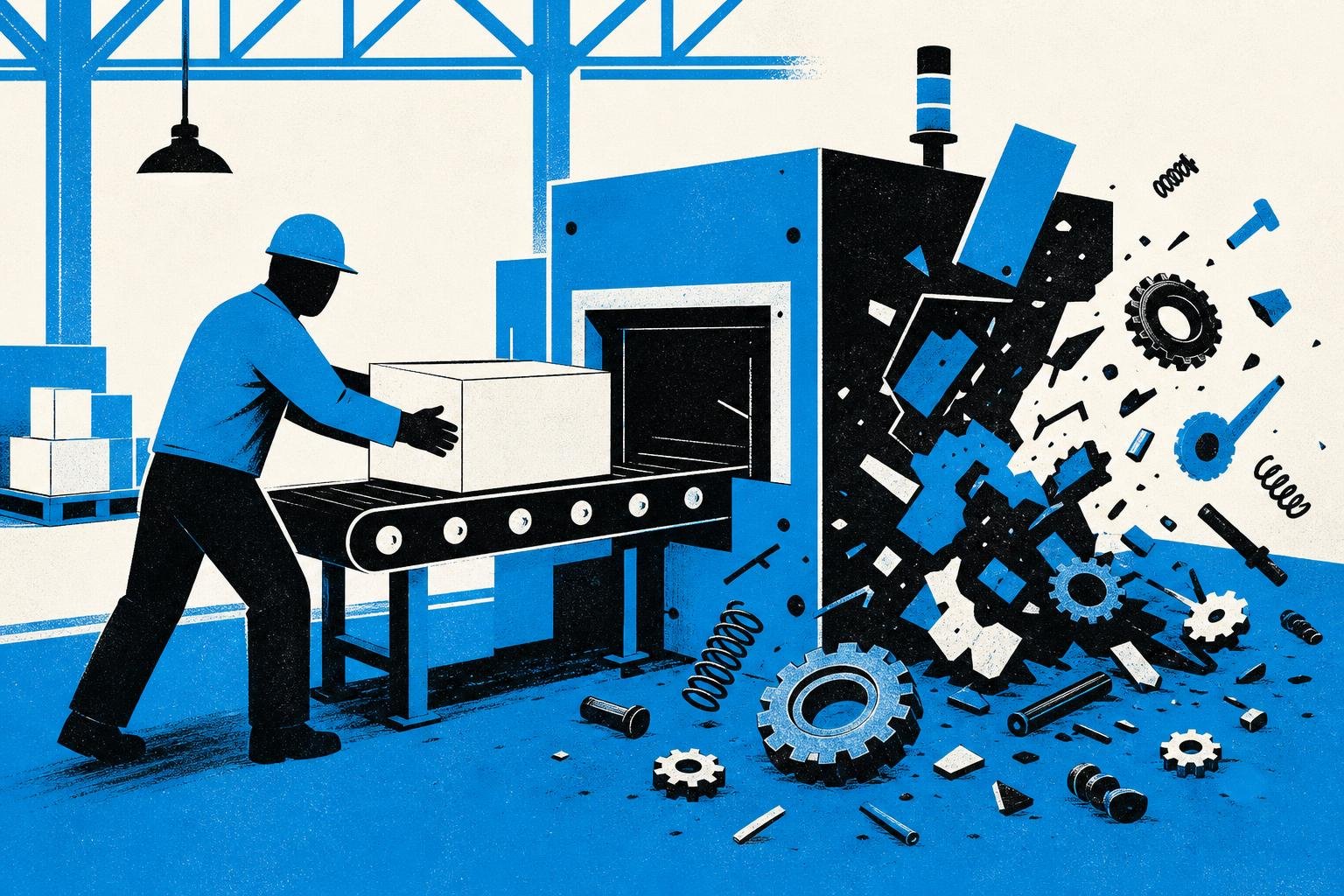 A factory worker feeds an unmarked box directly into a machine without inspection, causing it to malfunction and scatter parts across the floor.