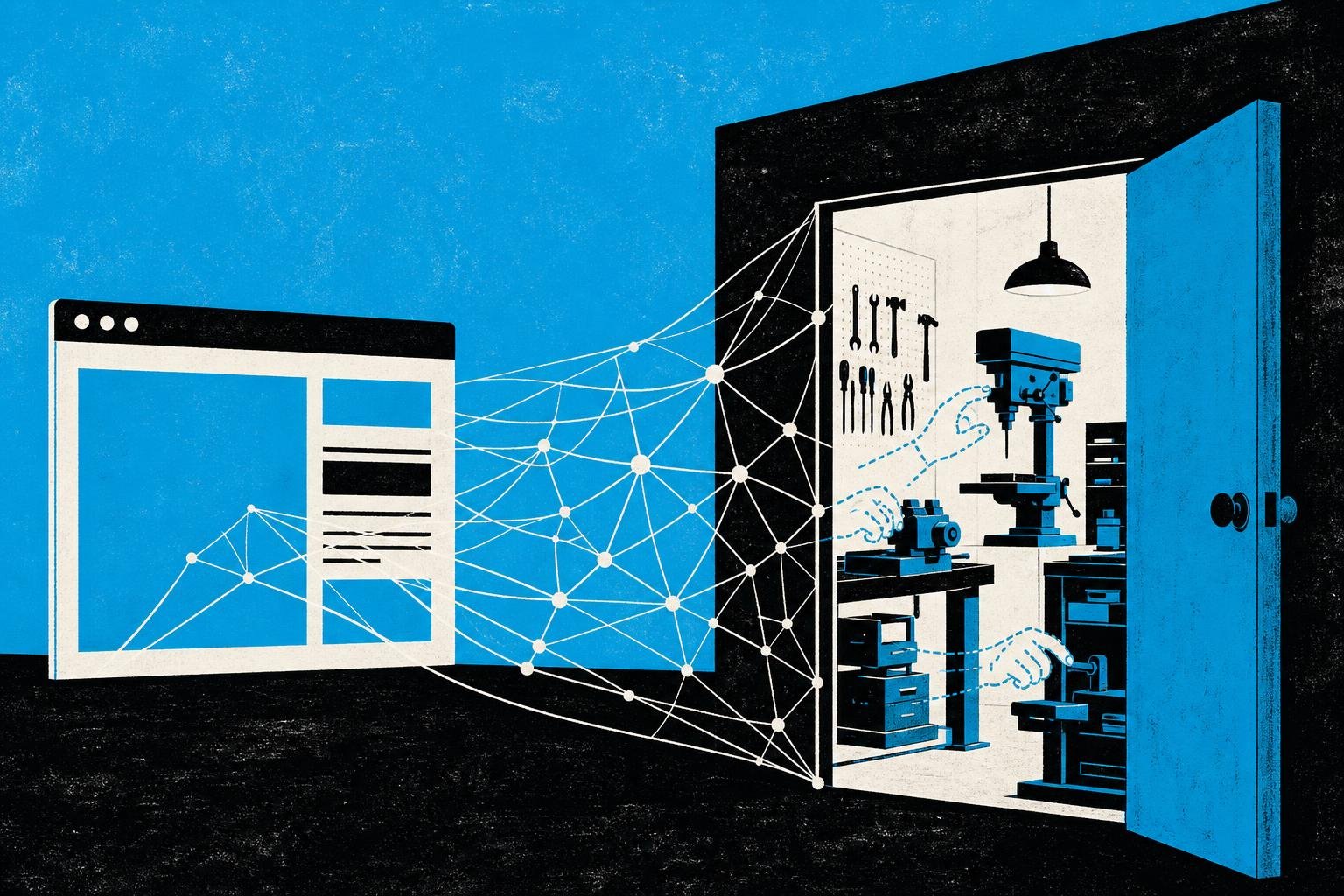 A spider web of glowing threads connects a browser window to an open workshop door, where invisible hands manipulate tools and machines inside an unguarded room.