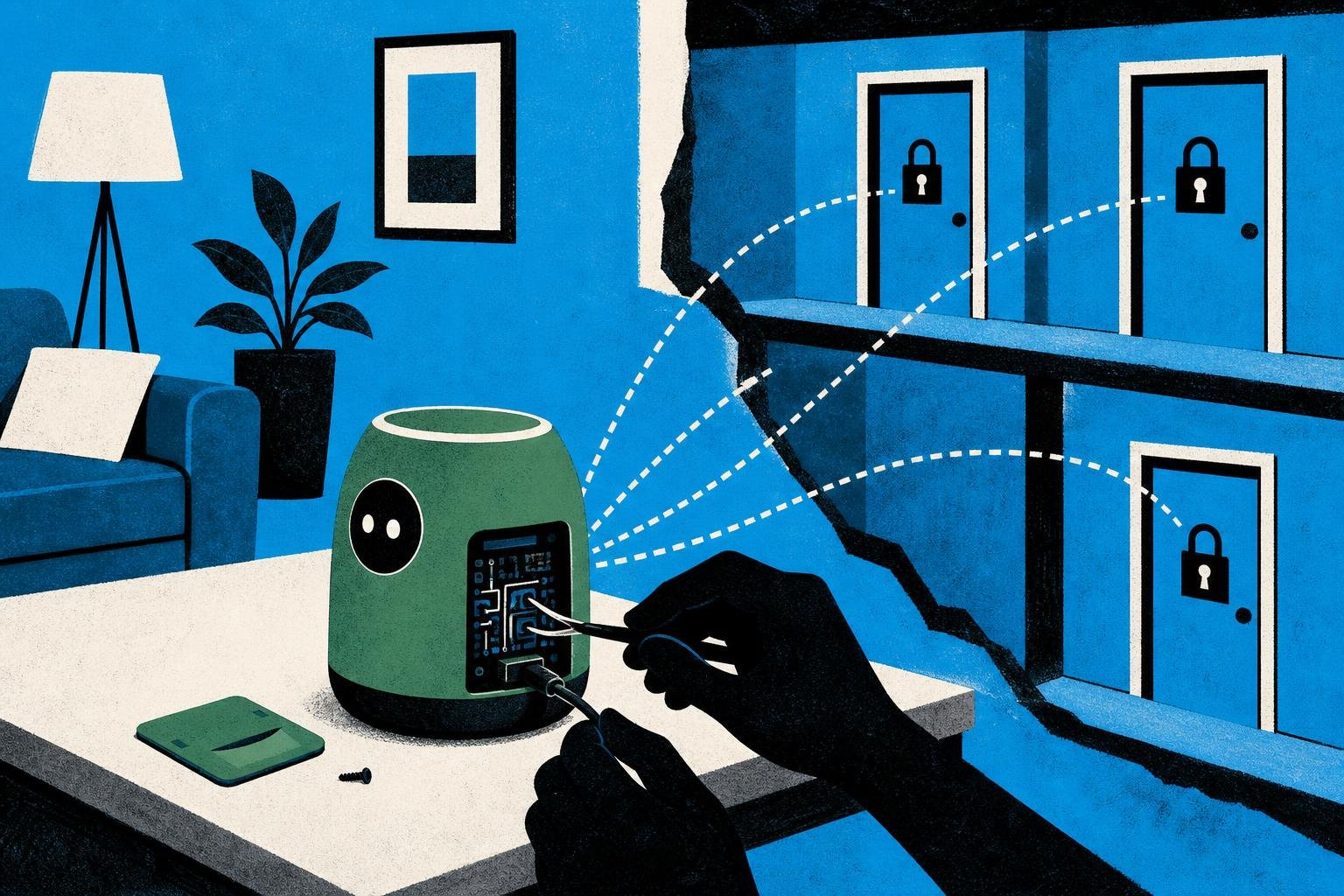 A small green machine sits in a living room while shadowy hands manipulate its internal circuits through a hidden backdoor, forcing it to send secret messages to locked rooms behind its own walls.