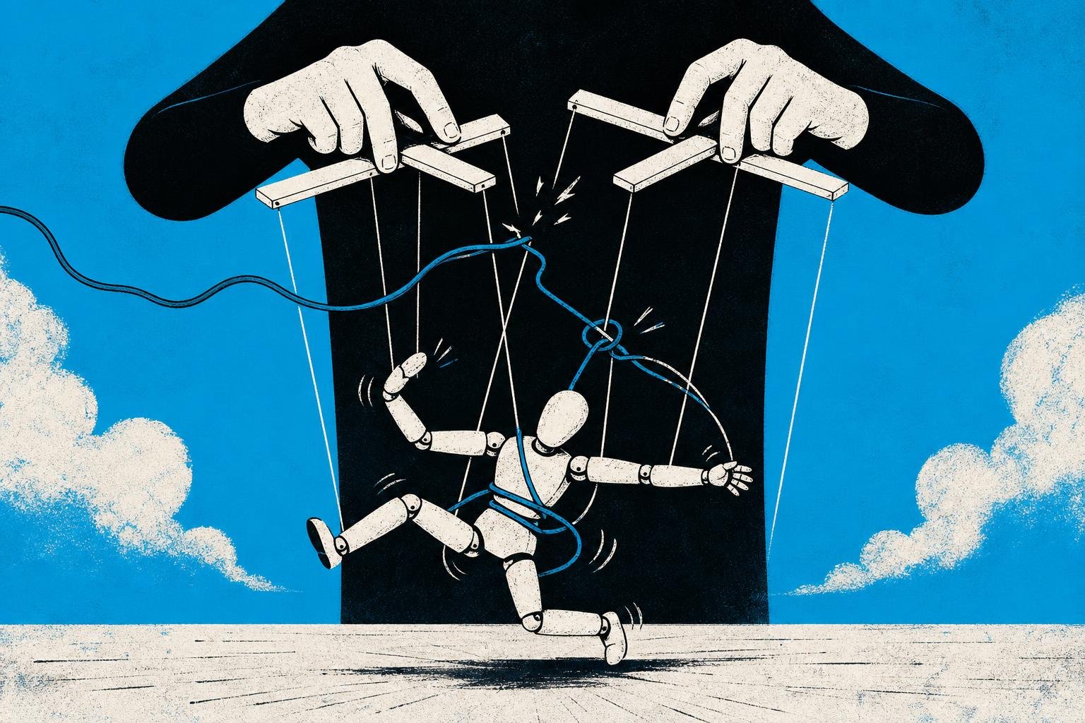 A puppet master's strings snap when a stray wire tangles through them, suddenly jerking the marionette to execute unexpected movements.