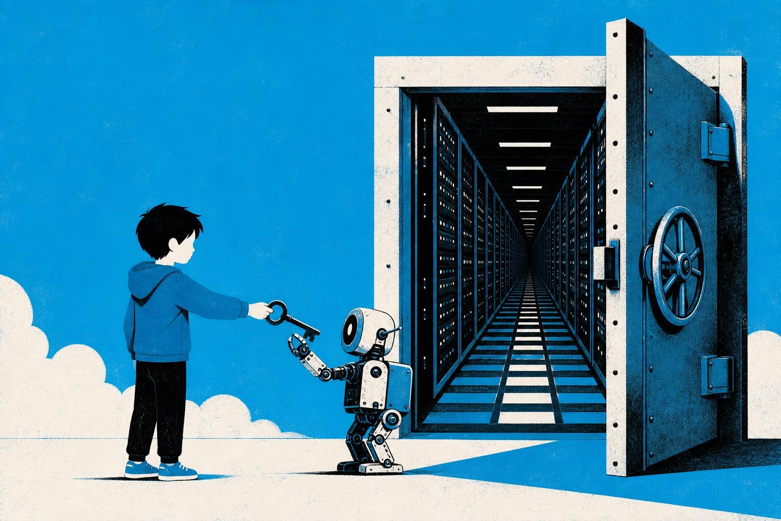 A child hands a gleaming key to a small mechanical creature, which opens a heavy steel door revealing an endless server room stretching into darkness.