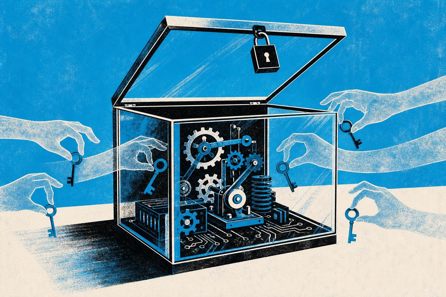 A locked glass box sits open, revealing internal machinery while invisible hands reach through transparent walls to pluck glowing keys from the shadows within.