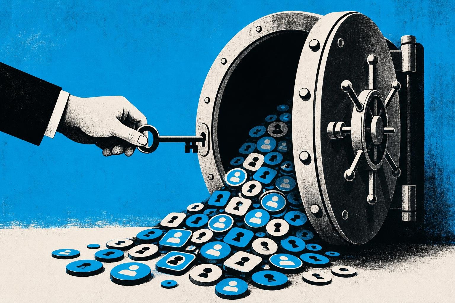 A vault's iron door swings open as someone inserts a single master key, revealing rows of glowing credential tokens spilling into shadow.