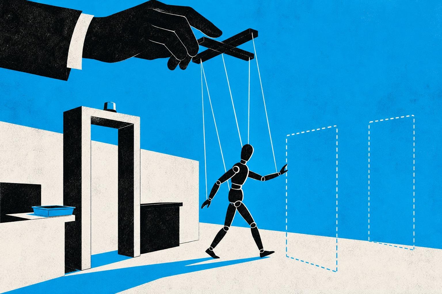 A puppet master's strings bypass a security gate, commanding a marionette to execute invisible commands through invisible doorways.