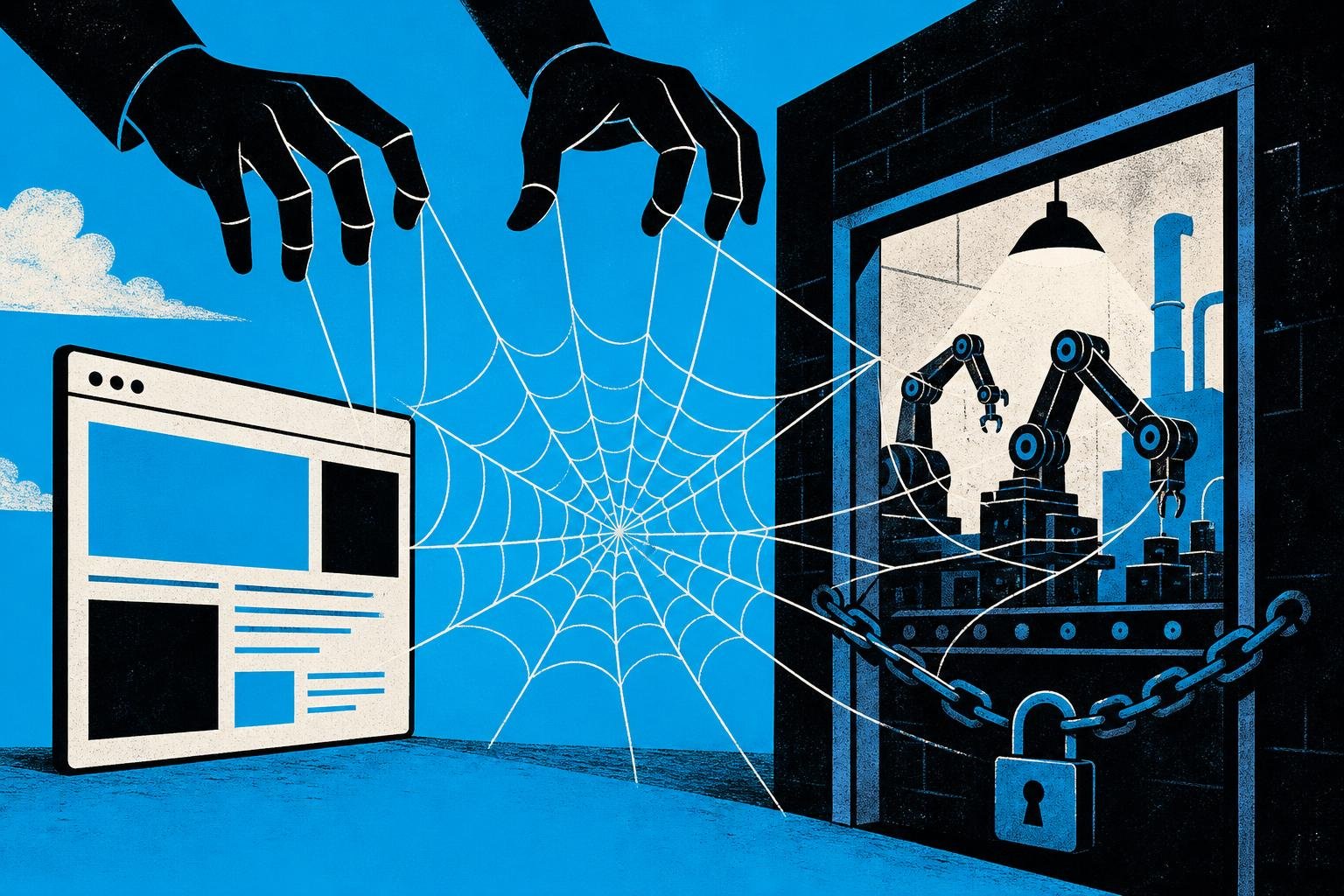 A spider web stretches from a browser window to silenced factory machines in a locked room, threads vibrating as invisible puppeteer hands pull them taut.