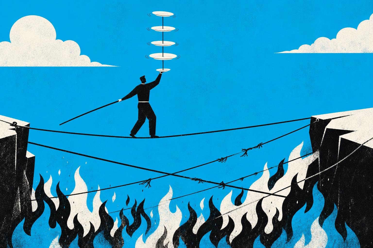 A tightrope walker balances a stack of spinning plates on one hand while fire blazes below, searching for the single rope that won't snap.