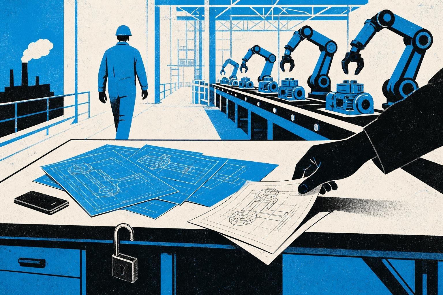 A factory worker leaves blueprints scattered on an unlocked table while an intruder's hand silently swaps them with forged versions, redirecting the entire production line.