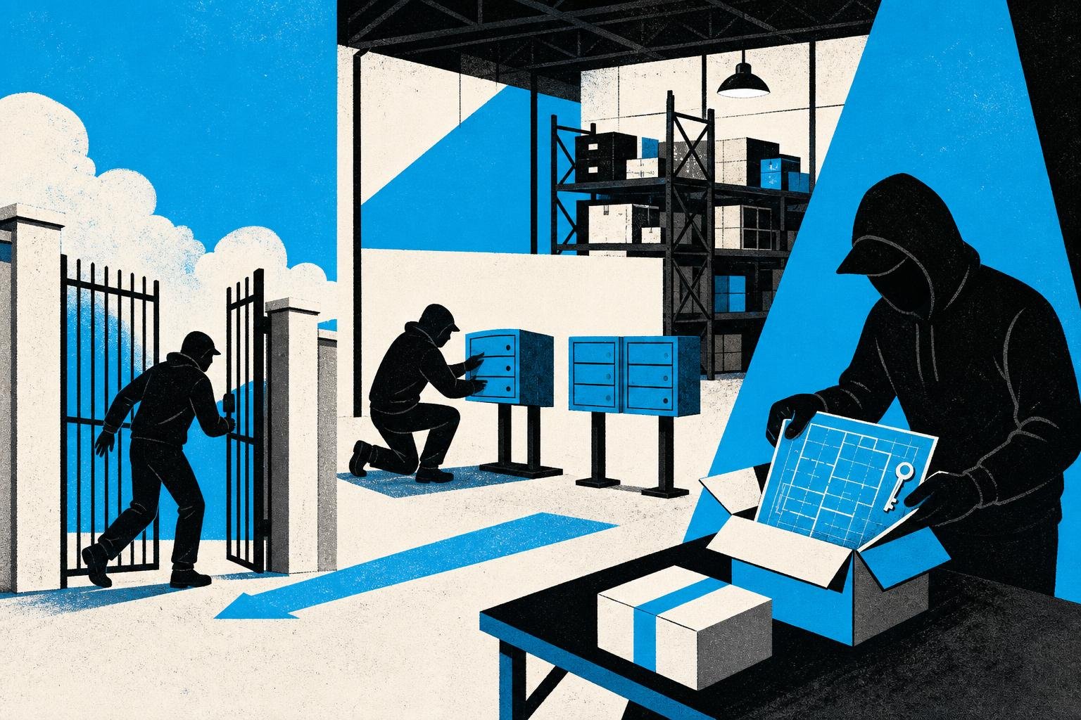 A lock-picker slips past an unguarded gate, plants fake mailboxes in a warehouse, then intercepts packages containing blueprints and keys meant for the owner.