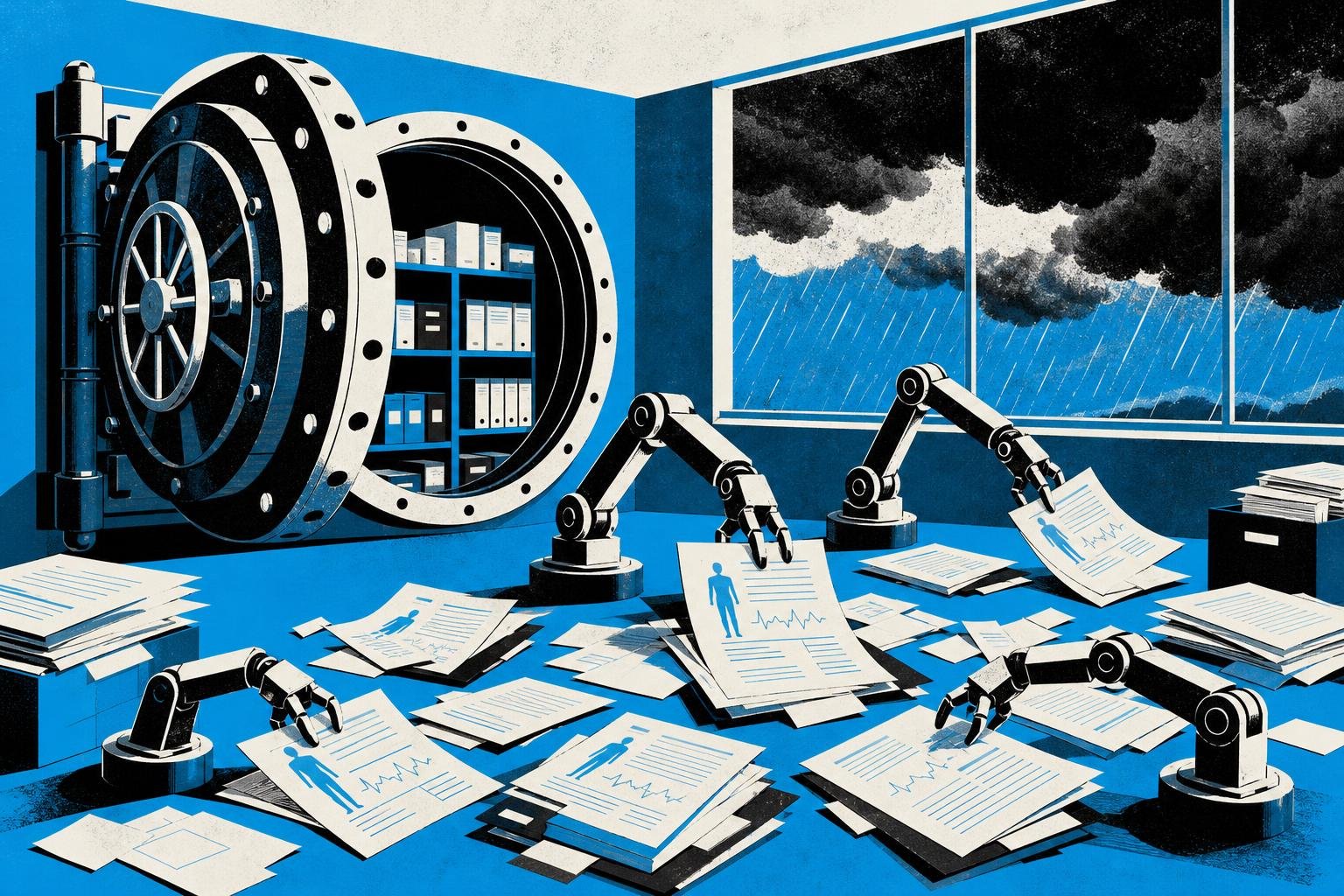 A steel vault door hangs open while mechanical hands frantically sort scattered medical records, storm clouds gathering overhead through the window.