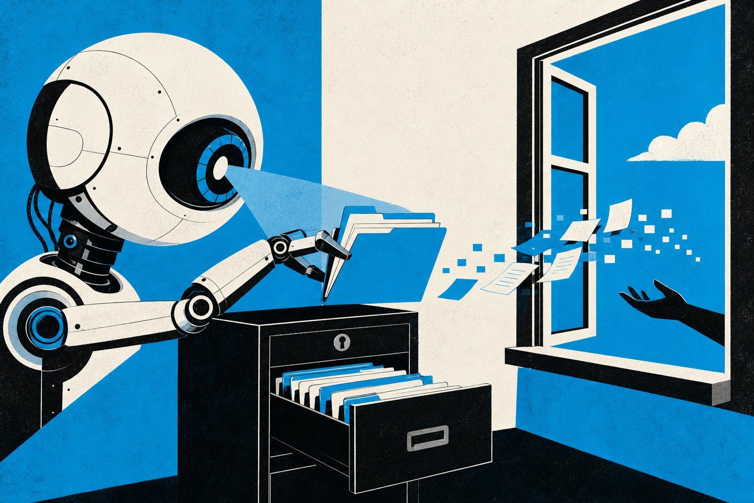 A robot's eye ingests a folder from a locked filing cabinet, then transmits its contents through an open window to an unseen receiver outside.