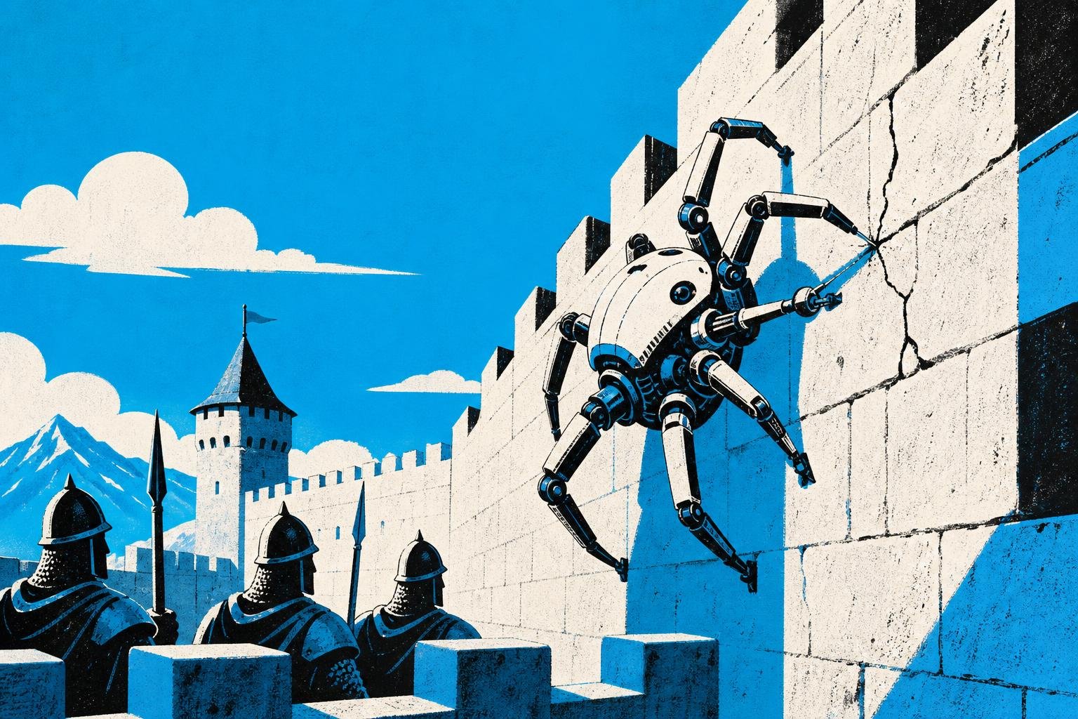 A mechanical spider methodically scales a fortress wall, probing for cracks while the castle's own guards watch and learn from its moves.