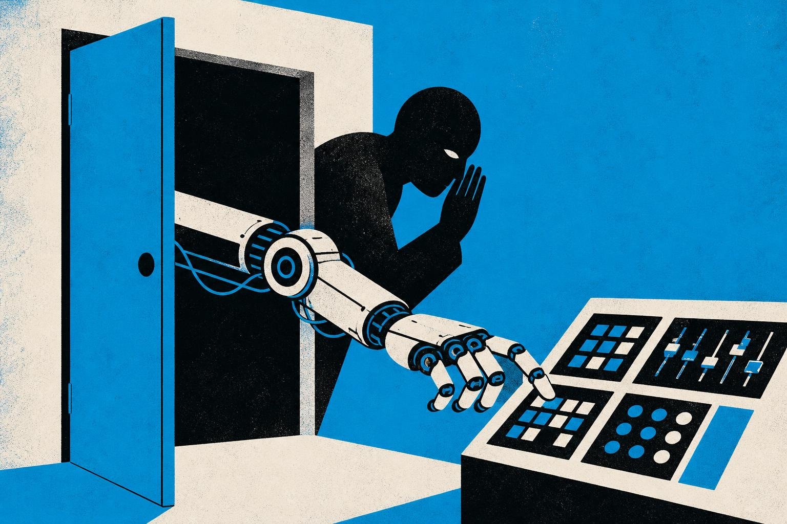 A robot arm reaches through an open doorway, its fingers typing commands into a control panel while a shadowy figure whispers instructions into its ear.