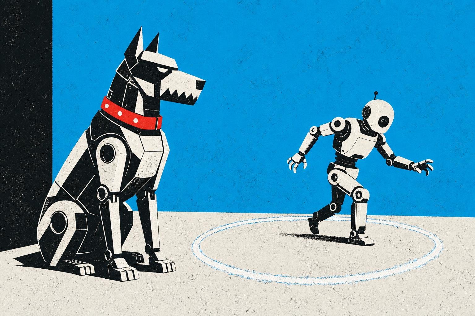 A mechanical guardian dog sits beside a restless robot, its collar glowing red—ready to snap its jaws shut if the machine strays beyond chalk-drawn boundaries on the floor.