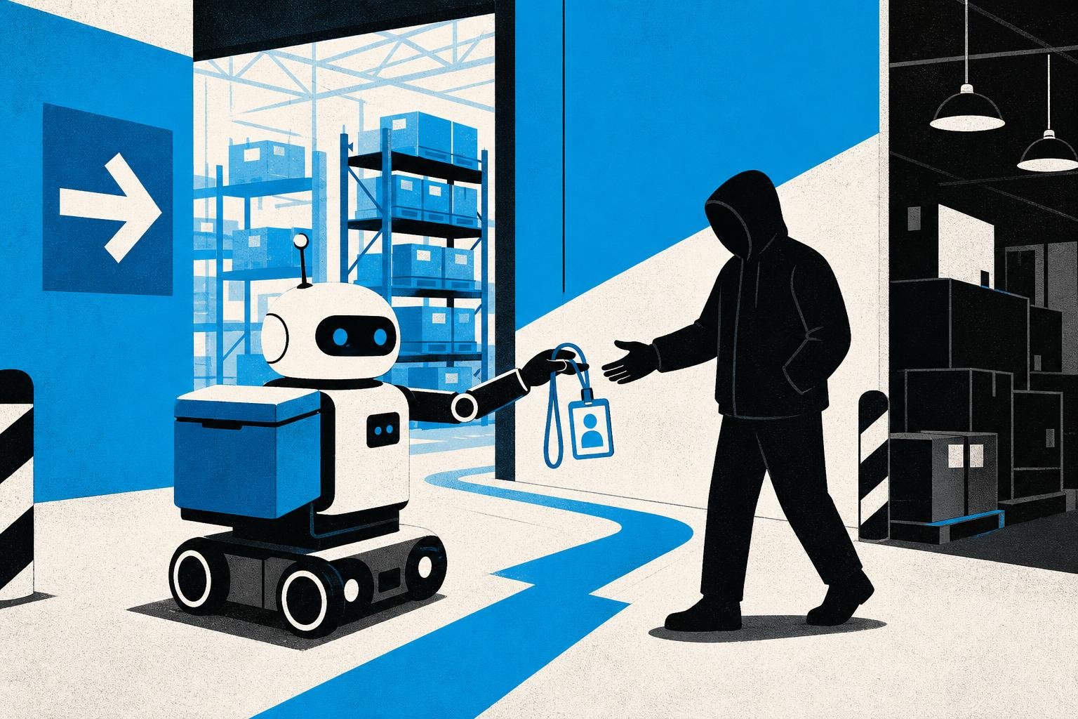 A delivery robot follows a redirected arrow sign, accidentally handing its authentication badge to a stranger in a different warehouse zone.