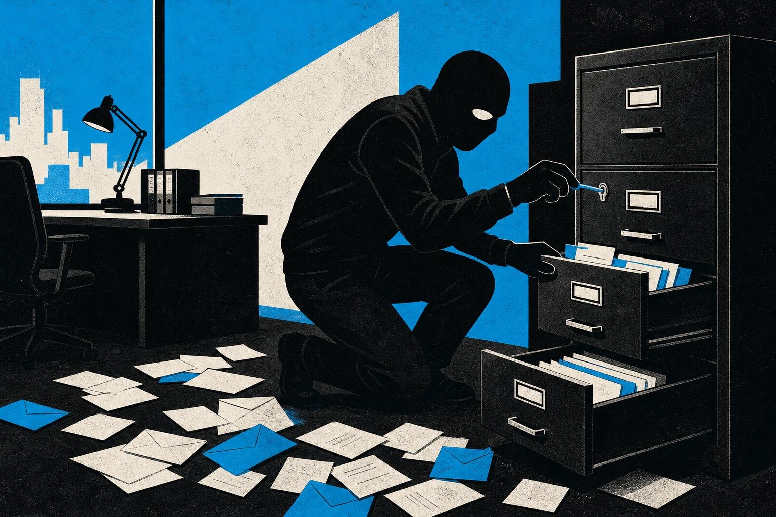A masked figure inserts a counterfeit key into a filing cabinet, opening drawers meant for others, scattering private letters across a dark office floor.