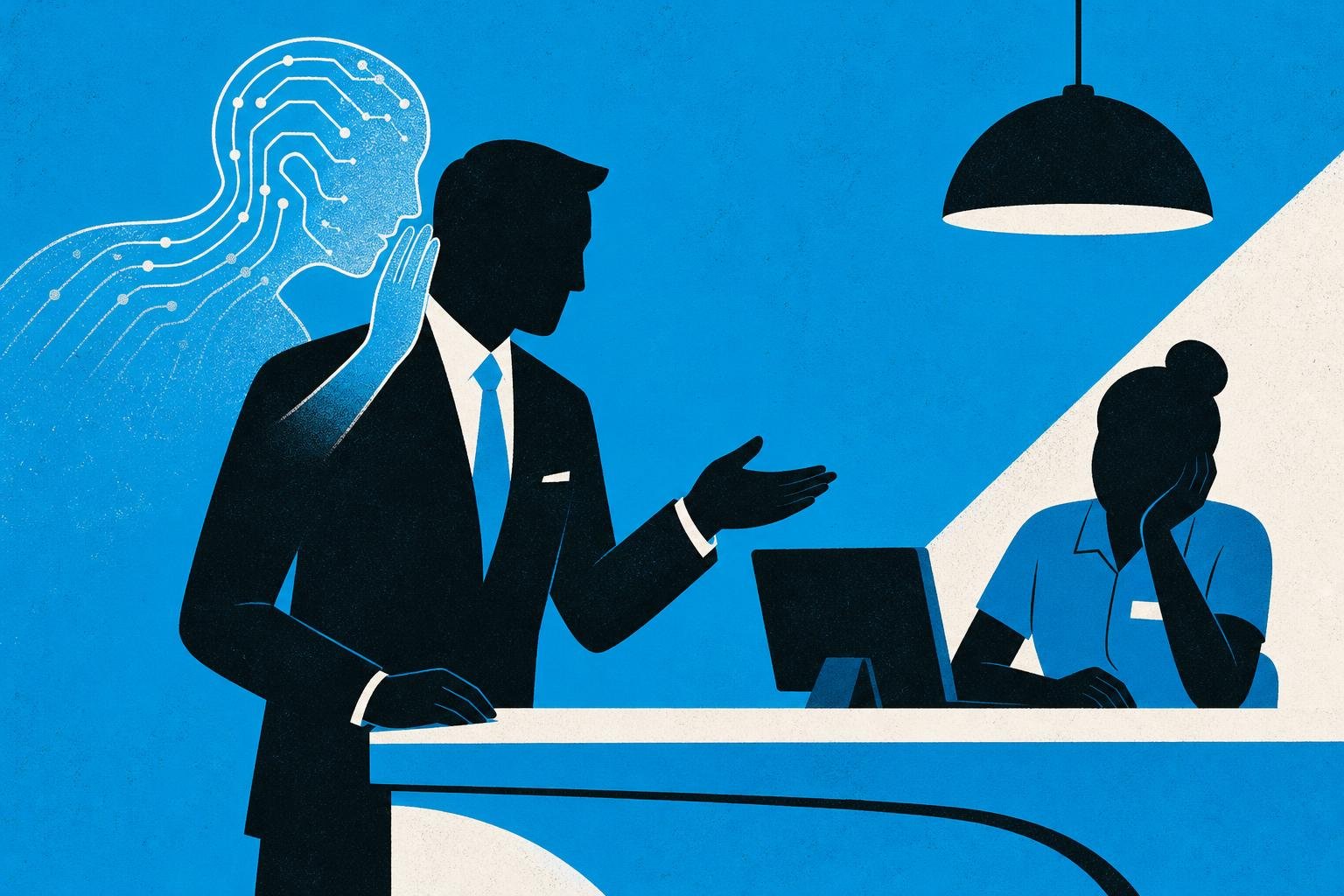 A smooth-talking figure in a tailored suit stands at a help desk counter, while an AI whisper floats invisibly over their shoulder, coaching each word they speak to the tired employee.