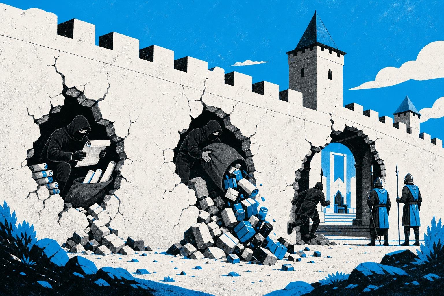 A fortress wall crumbles in three places simultaneously: a thief slips through a crack reading scrolls, another dumps contraband through an opening, a third sneaks past guards into the inner chamber.