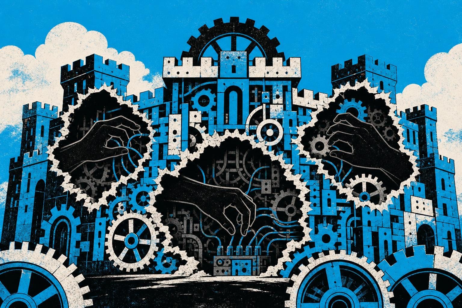 A fortress of interlocking gears suddenly sprouts three gaping holes, allowing shadowy hands to reach through and rewire the machine's inner workings at will.
