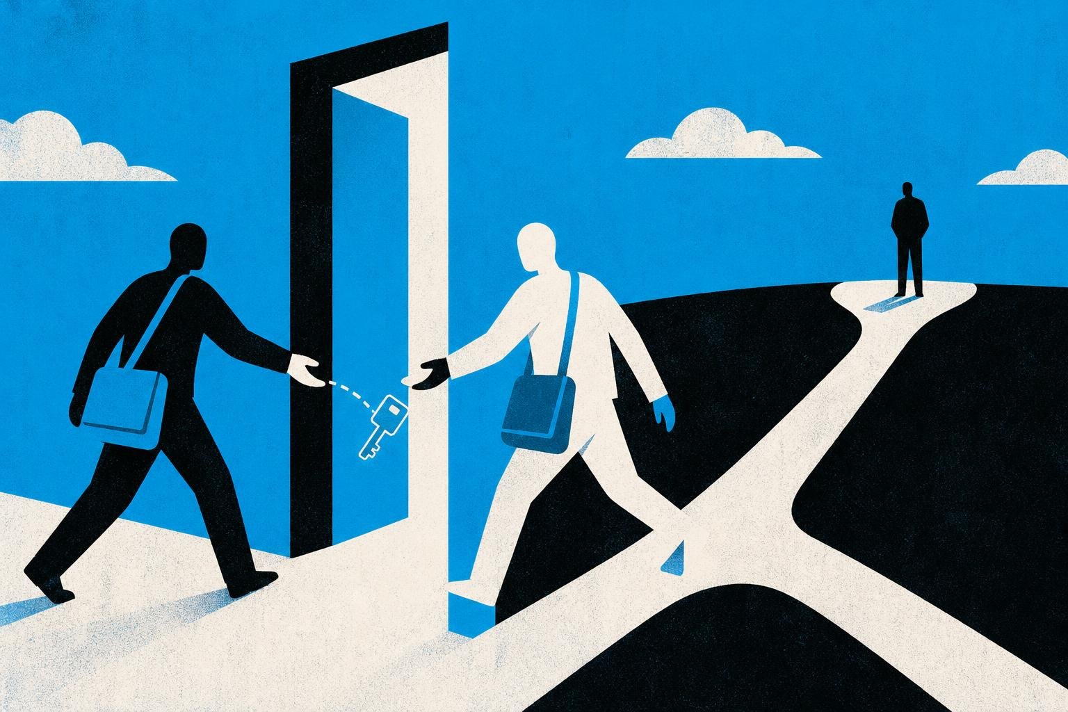 A digital key slips from one messenger's hand into another's as they pass through an unsecured doorway, the path splitting unexpectedly toward a waiting stranger.