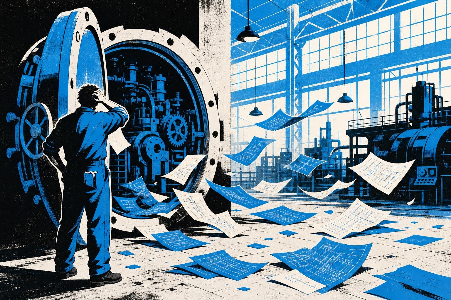A vault door swings open as a frustrated mechanic, unable to restart a failing machine, watches blueprints with hidden codes scatter across the factory floor in the wind.