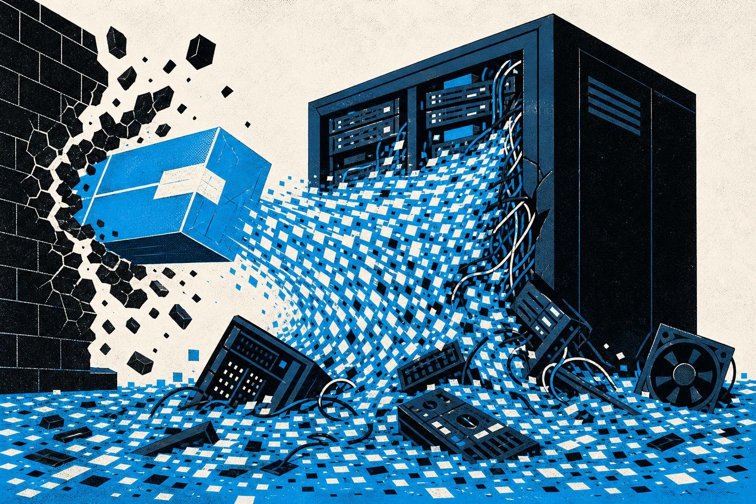 A single malformed package crashes through a server's defenses, flooding its chambers with endless data until the entire machine grinds to a halt, choking on its own overflow.