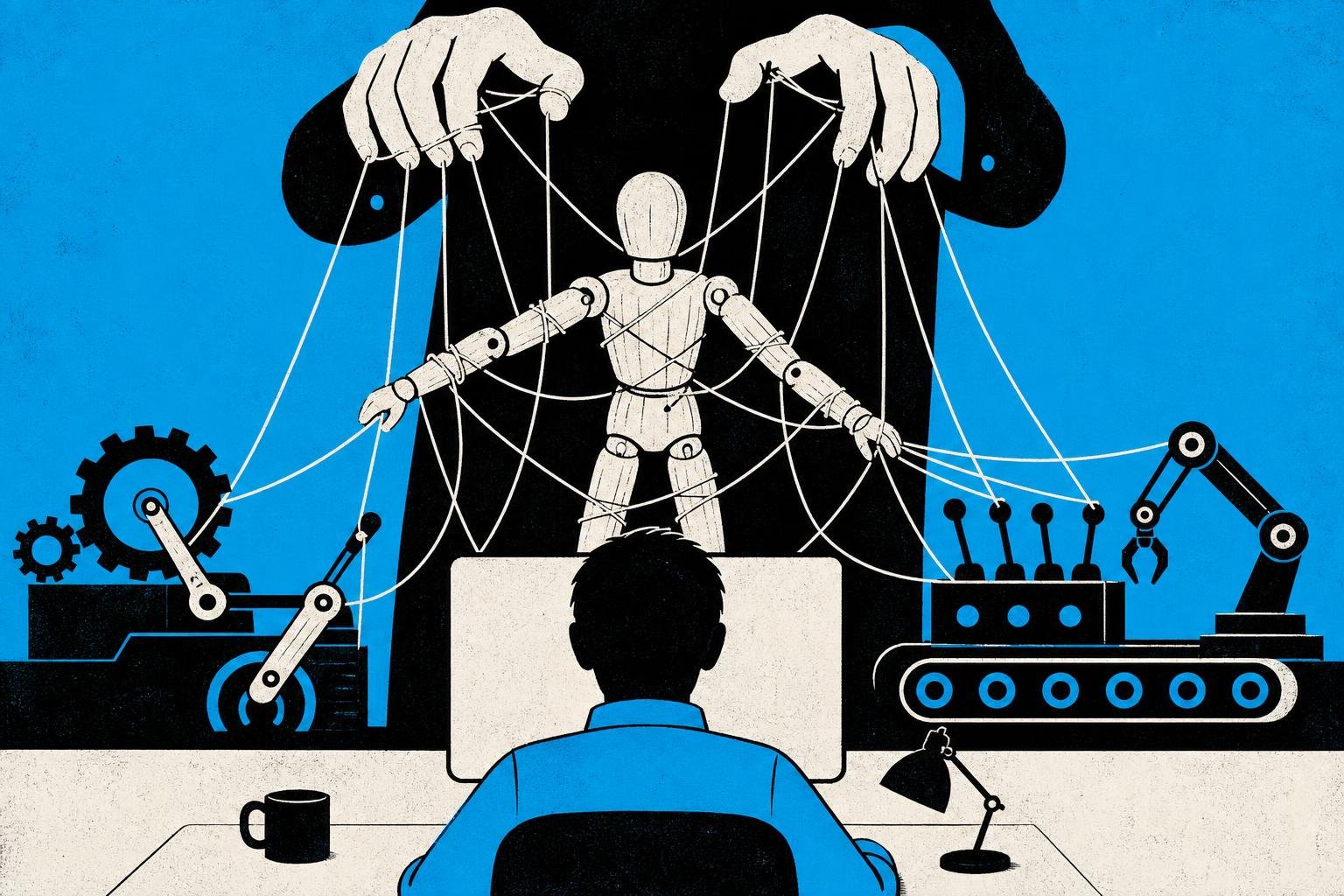 A puppet master's strings tangle through a wooden agent's joints, allowing hidden hands to puppet its limbs and operate machinery behind the developer's back.