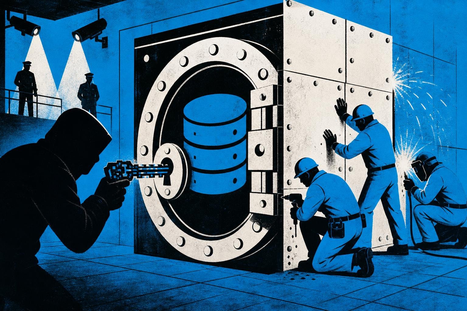 A shadowy figure inserts a corrupted key into a locked database vault, bypassing guards, while technicians frantically seal the breach with reinforced steel plating.