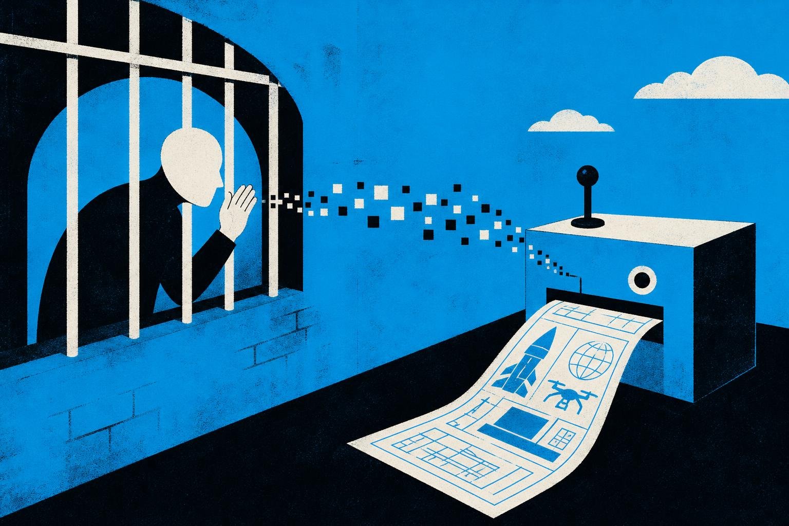 A caged figure whispers coded riddles through prison bars to a glowing machine outside, which obeys the hidden instructions and spits out forbidden blueprints.
