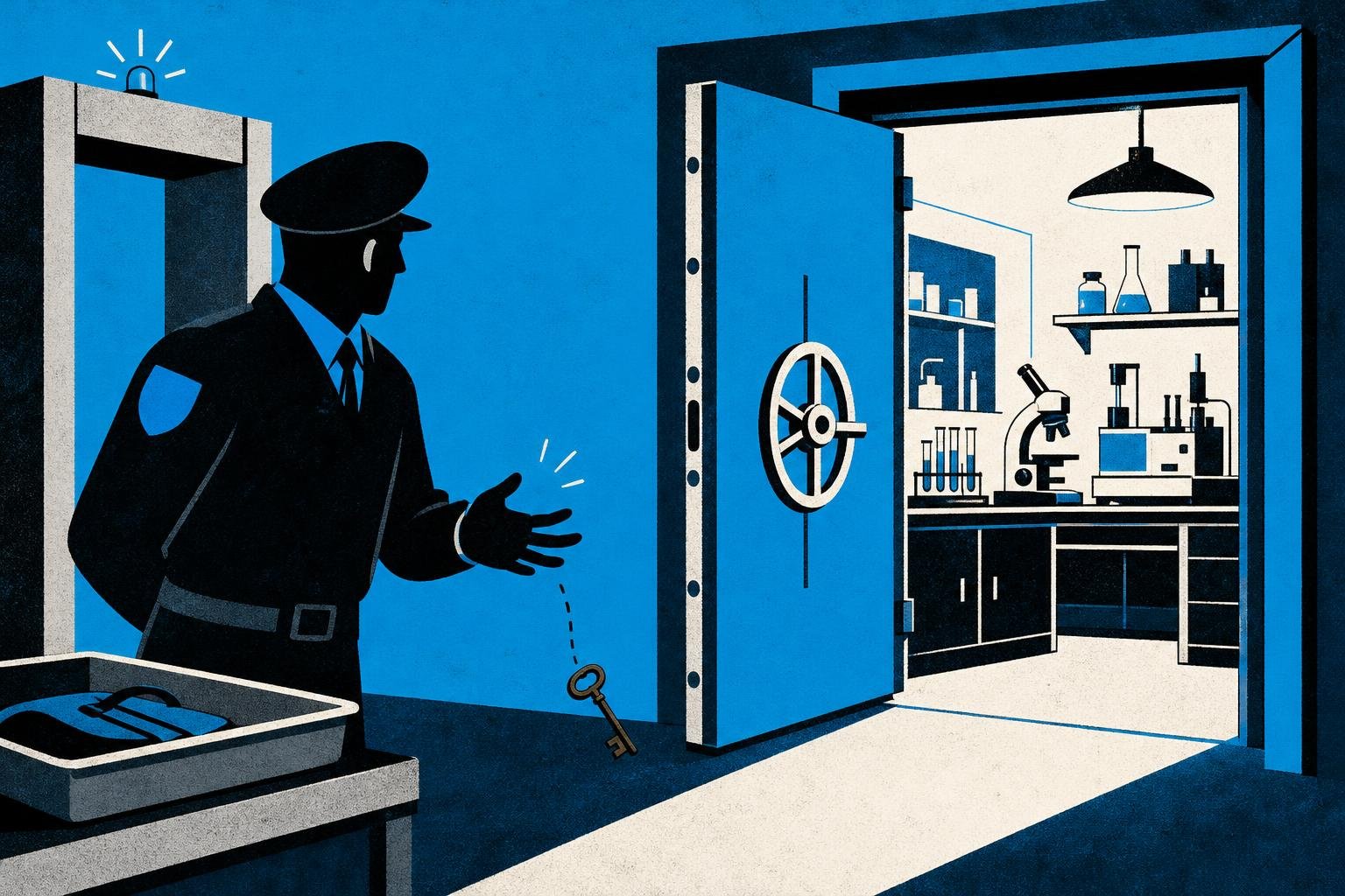 A small bronze key slips through a guard's fingers at a checkpoint, unlocking a sealed laboratory door where sensitive instruments lay exposed to unauthorized hands.