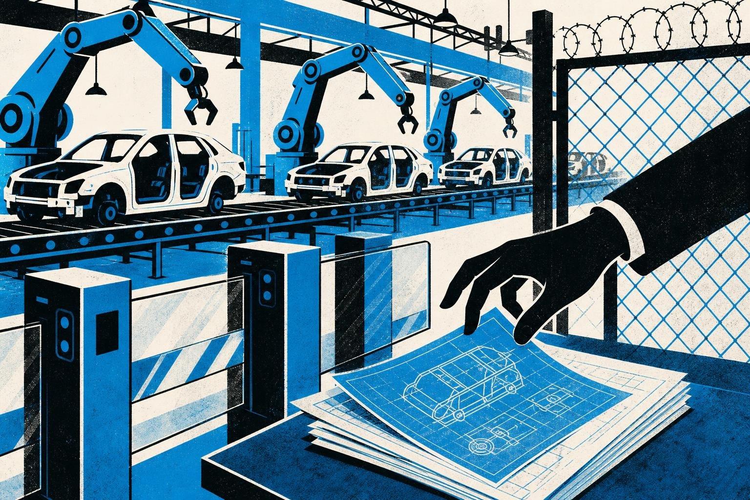 A factory assembly line freezes mid-motion while unauthorized hands slip past security barriers, glimpsing blueprints meant for others.