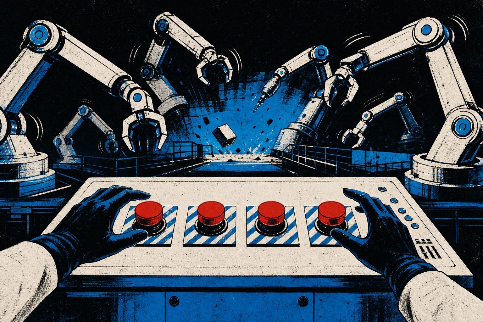 A control panel with red emergency buttons sits in a darkened room as multiple mechanical arms move unpredictably, while gloved hands reach toward restraint switches.