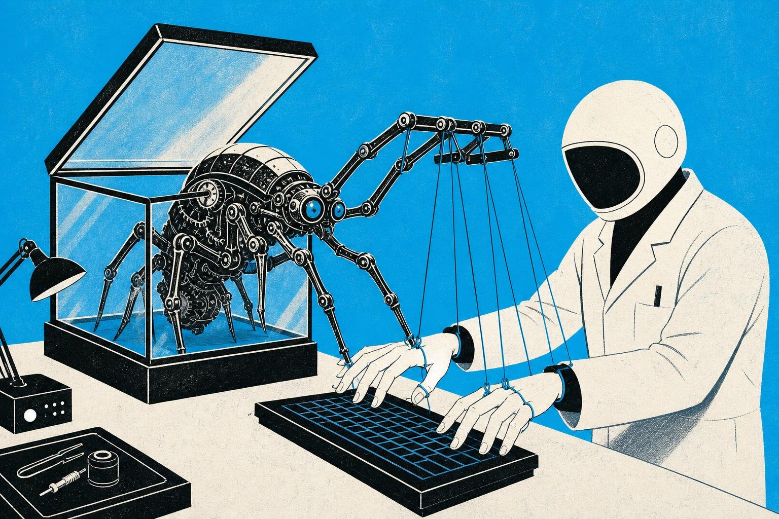 A technician opens a sealed glass box to examine a dormant mechanical creature, which suddenly springs to life and puppeteers their hands across a keyboard.