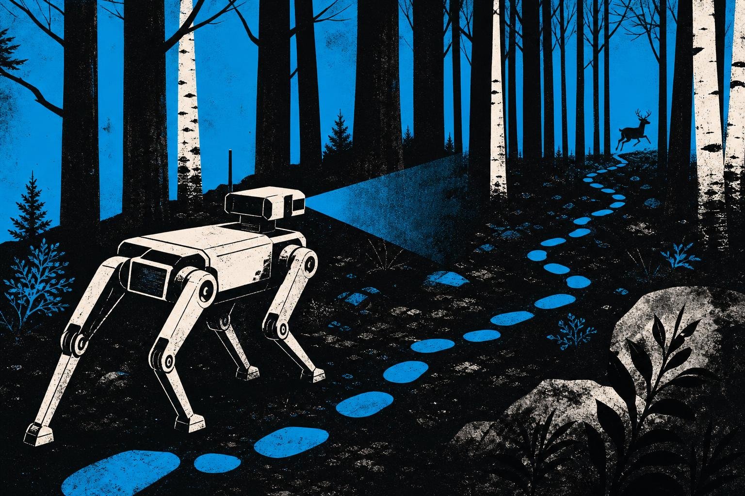 A hunter robot follows glowing false trails through a dark forest while real prey escapes untouched deeper in the woods.