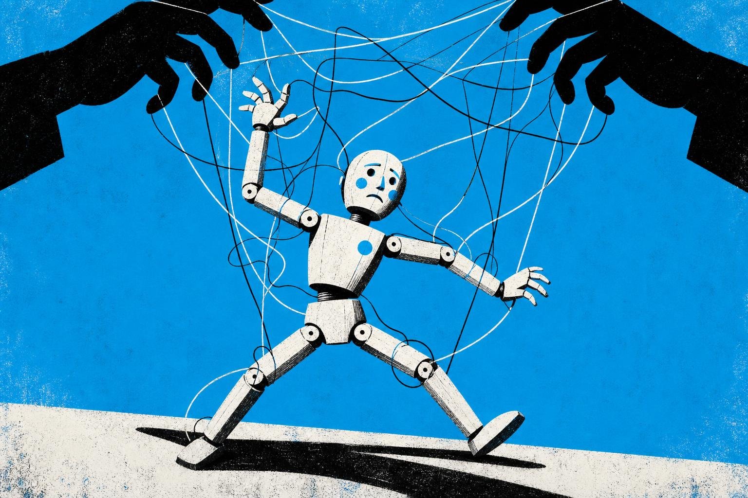 A marionette puppet with tangled strings suddenly jerks rigid as unseen hands yank invisible threads, forcing its wooden limbs to execute commands against its painted will.