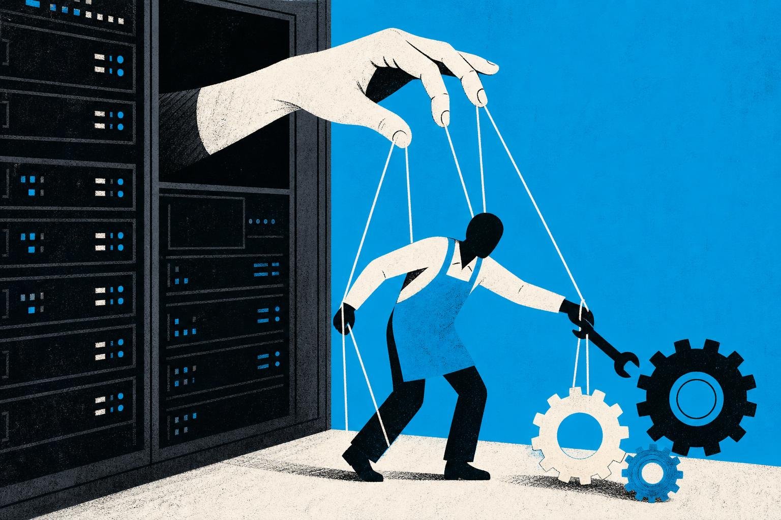 A puppet master's hand emerges from a server's dark opening, invisibly pulling strings attached to a worker's limbs, forcing tools to obey unspoken commands.