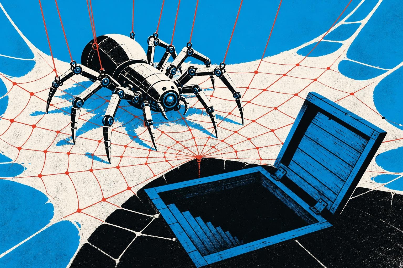 A mechanical spider crawls across a poisoned web, its threads glowing red as invisible puppet strings redirect its legs toward an open trapdoor leading underground.